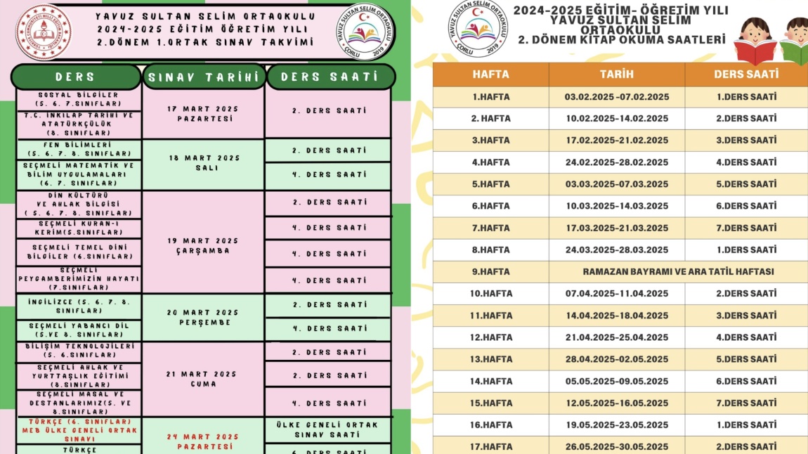 2. DÖNEM 1. YAZILI TAKVİMİMİZ VE OKUMA SAATLERİMİZ